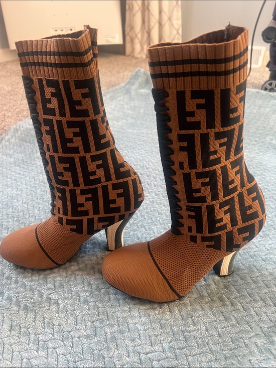 Fendi Shoes - Fendi Brown and Black FF Monogram Knit Sock Boots